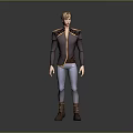 Man With Blonde Hair Wearing Dark Jacket With Shoulder Accents Light Pants And Brown Boots