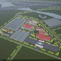 Industrial Factory Complex With Multiple Buildings Red Roofs Green Areas And River