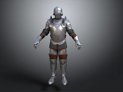 Silver Plated Medieval Knight Armor With Red Leather Accents In Standing Pose 3d model