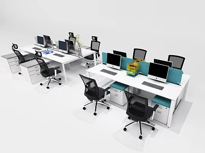 Modern Office Desk Workstation With Computer Monitors Ergonomic Chairs And Drawer Cabinets 3d model