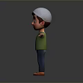Smiling Child In White Cap Green Shirt Blue Pants Brown Sandals With Arms Outstretched