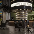 Modern Bar Interior With Circular Counter Wine Racks Black Seats Green Plants And Brick Wall