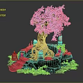 Red Tree Decorative Landscape With Exposed Roots Colorful Flowers And Ornaments