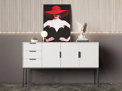 White Entryway Console Cabinet With Drawers Doors Painting Statue Lamp Plant And Striped Wall 3d model