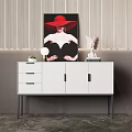 White Entryway Console Cabinet With Drawers Doors Painting Statue Lamp Plant And Striped Wall