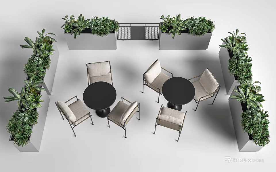 Outdoor Leisure Space Featuring Comfortable Leisure Chairs Round Tables And Green Plant Flower Beds 3d model 