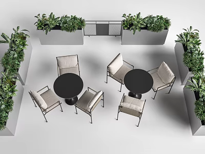 Outdoor Leisure Space Featuring Comfortable Leisure Chairs Round Tables And Green Plant Flower Beds 3d model