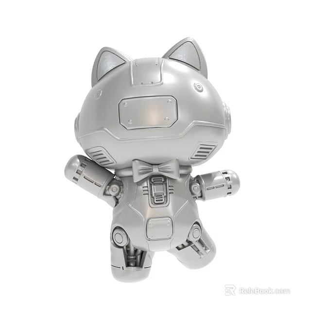 Silver Detailed Mechanical Cat Robot Figurine With Bowtie And Metallic Parts 3d model 