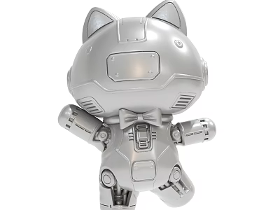 Silver Detailed Mechanical Cat Robot Figurine With Bowtie And Metallic Parts 3d model