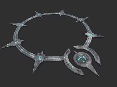 Decorative Metallic Pillars With Blue Glowing Accents And Intricate Spiked Ring Design 3d model