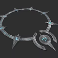 Decorative Metallic Pillars With Blue Glowing Accents And Intricate Spiked Ring Design
