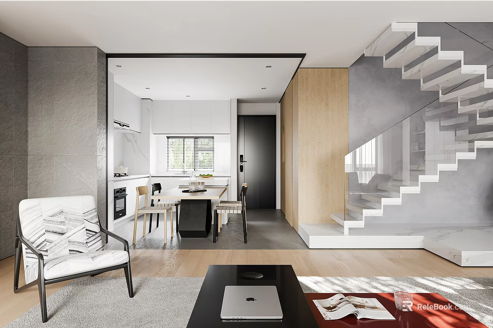 Modern Living Dining Room Interior With Sofa Dining Table And Wooden Elements 3d model