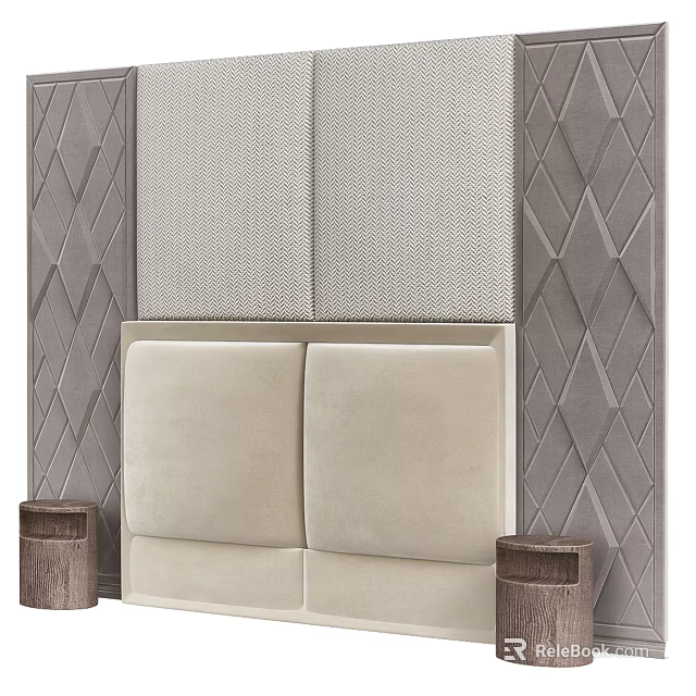 Modern Bed Accent Wall With Textured Panels Upholstered Headboard And Side Cabinets 3d model