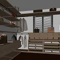 Modern Walk In Closet Interior With Wooden Shelves Hanging Clothes And Storage Solutions