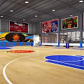 Indoor Basketball Court With Wooden Flooring Blue Markings Basketball Hoops And Firesun Banners