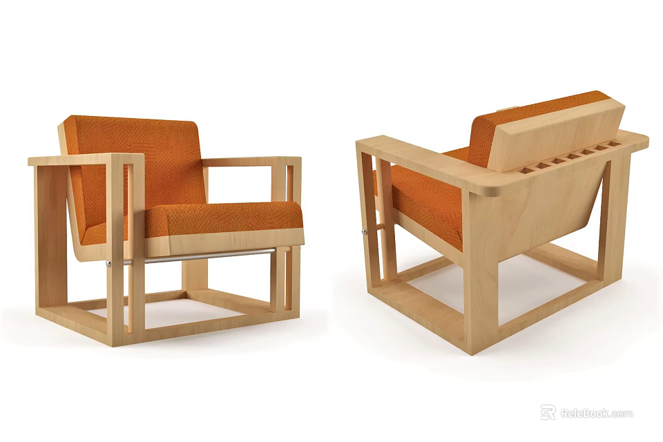 Elegant Modern Armchair With Wooden Frame Orange Cushion And Stylish Design 3d model 
