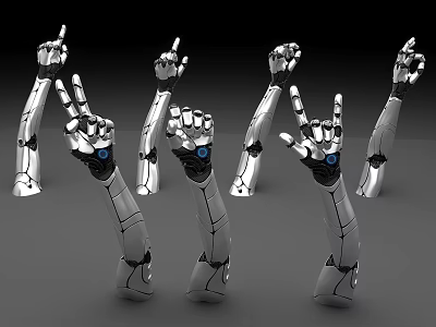 Silver Robotic Mechanical Arms With Diverse Hand Gestures And Blue Accents 3d model
