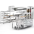 Stainless Steel Modern Kitchen With Multiple Appliances Stove Ovens Refrigerator And Storage Shelving