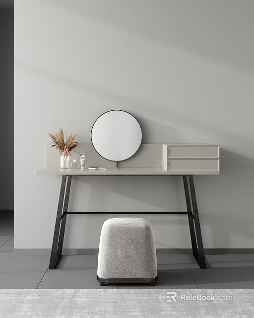 Minimalist Dressing Table With Round Mirror Light Colored Top Black Legs And Gray Stool 3d model