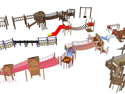 Wooden Outdoor Kids Playground Equipment With Climbing Frames Slides And Swings 3d model