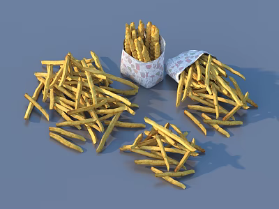 Crispy Golden French Fries Scattered on Blue Background with Patterned Paper Bags 3d model