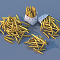 Crispy Golden French Fries Scattered on Blue Background with Patterned Paper Bags