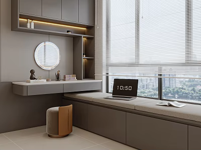 Modern Dressing Table Interior With Round Mirror Storage Cabinets And Decorative Items 3d model