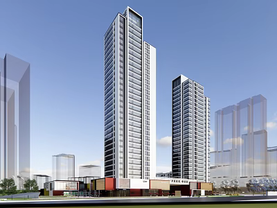 Modern Commercial Street With Two Tall Buildings And Ground Floor Retail Storefronts 3d model