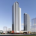 Modern Commercial Street With Two Tall Buildings And Ground Floor Retail Storefronts