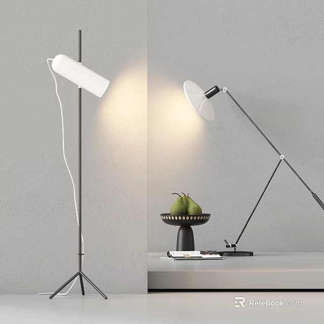 Modern Floor Lamp with White Shade and Black Stand Near Fruit Bowl on Gray Wall 3d model 