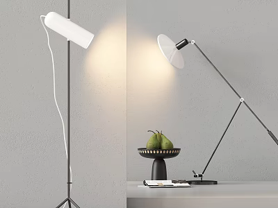 Modern Floor Lamp with White Shade and Black Stand Near Fruit Bowl on Gray Wall 3d model