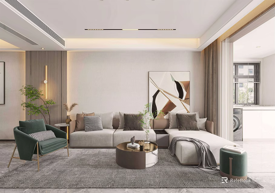 Modern Minimalist Dining Living Room With Sofa And Round Coffee Table 3d model 