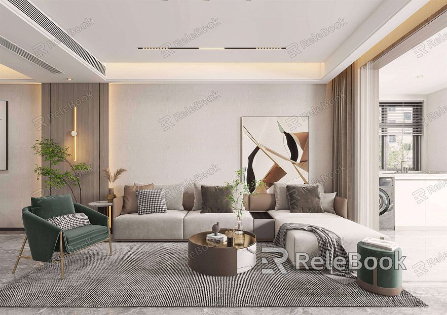 Modern Guest Dining Room Combination Sofa Side Table Corner Table TV Background Wall Wine Cabinet Dining Table Wall Lamp Living Room Dining Room model