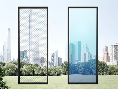Modern Mesh And Glass Room Dividers With Urban Skyline And Green Park View 3d model