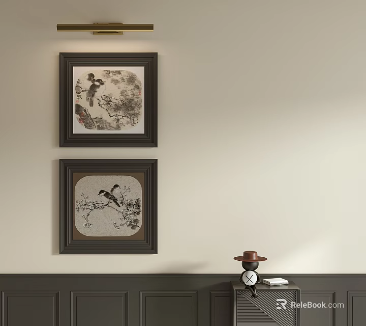 Framed Abstract Paintings On Wall Featuring Natural Elements And Small Decorative Items 3d model