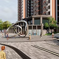 Modern Commercial Street With Wooden Entrance Arch High Rise Buildings Shops Green Trees And Pedestrians