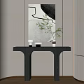 Stylish Grey Console Table With Green Plant Mirror And Decorative Items