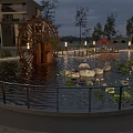 Evening Park Landscape Featuring Water Pool Circular Platform Red Trees Street Lamps And Swan Sculptures