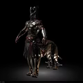 Mythological Lion With Chained Legs Standing Beside Armored Warrior In Ancient Armor