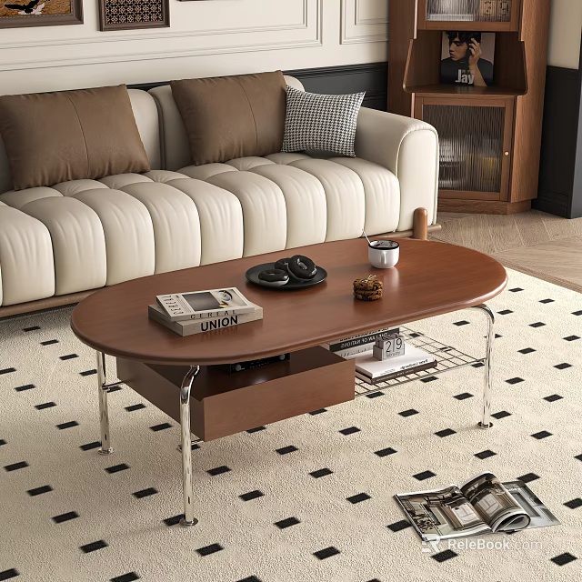 Modern Brown Oval Coffee Table With Wooden Top Metal Legs And Magazine Coffee Cup Biscuits 3d model 