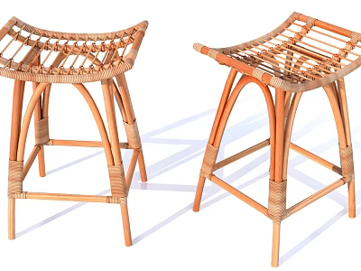 Natural Wicker and Wooden Bar Stools With Woven Seat Backrest and Curved Legs 3d model