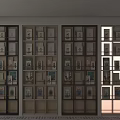 Modern Multiple Bookcases With Glass Doors And Open Shelves Holding Books Decorative Items