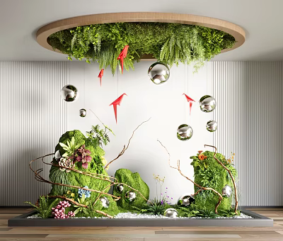 Indoor Landscape Design With Circular Green Plant Ceiling Red Origami Cranes And Silver Spheres 3d model