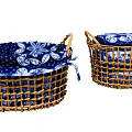 Stylish Handwoven Wicker Storage Baskets With Blue Floral Pattern Lids For Home Organization