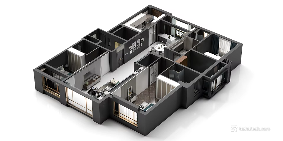 Birds Eye View Of Modern Home Interior Showcasing Rooms And Spaces 3d model 