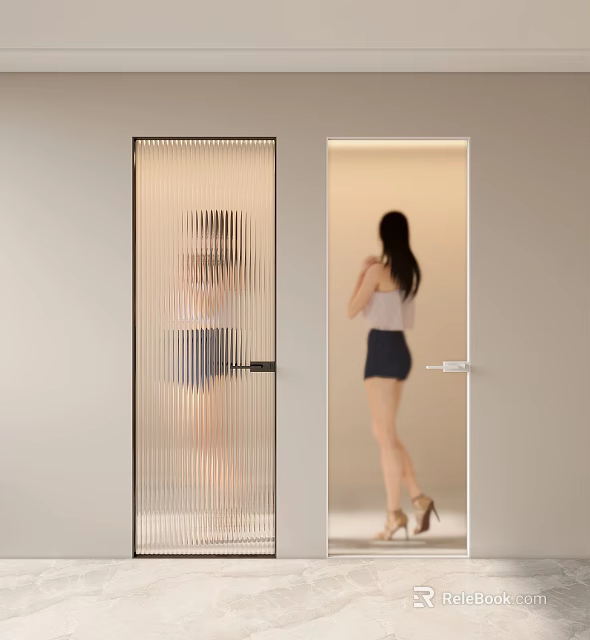 Frosted Striped Glass Door And Transparent Door With Woman Reflection In Modern Interior 3d model 