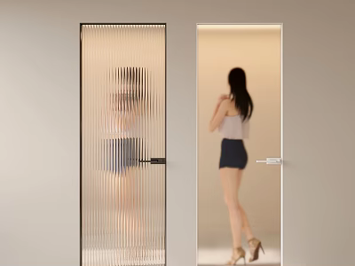 Frosted Striped Glass Door And Transparent Door With Woman Reflection In Modern Interior 3d model