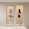 Frosted Striped Glass Door And Transparent Door With Woman Reflection In Modern Interior