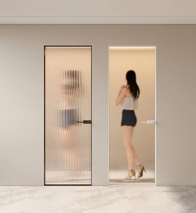 Frosted Striped Glass Door And Transparent Door With Woman Reflection In Modern Interior 3d model
