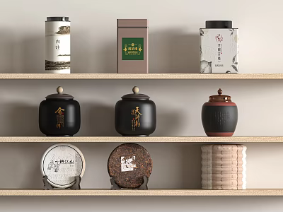 Traditional Tea Sets With Black Brown White Caddies And Tea Cakes On Shelves 3d model